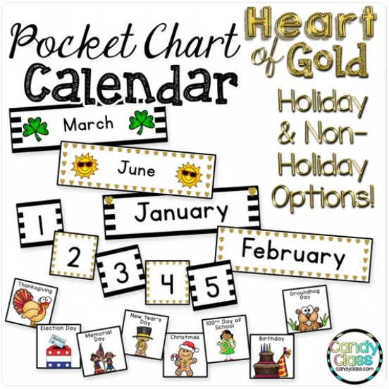 Printable Classroom Pocket Chart Calendar Card Black & White Set Morning Meeting image preview 2