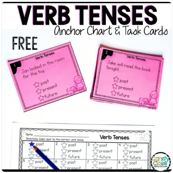 FREE Verb Tense Task Cards 2nd Grade Grammar Activity ELA Centers Scoot Games image preview 2