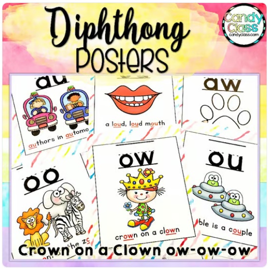 Diphthong Posters Fun Chants Phonics Sound Wall Kindergarten 1st Grade Reading image preview 2