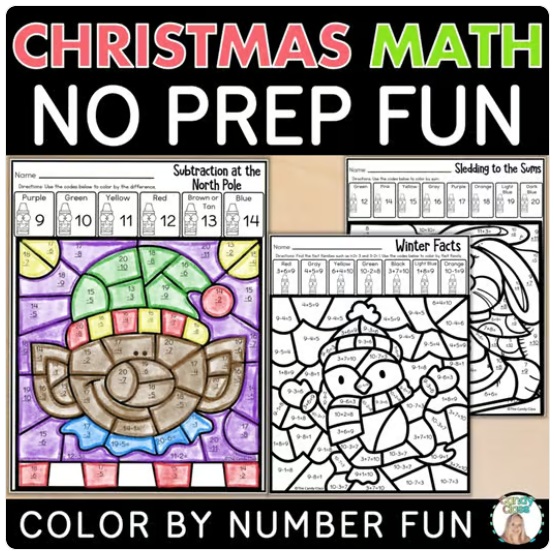 Christmas Math Color by Code Activities Coloring Pages Addition and Subtraction image preview 2